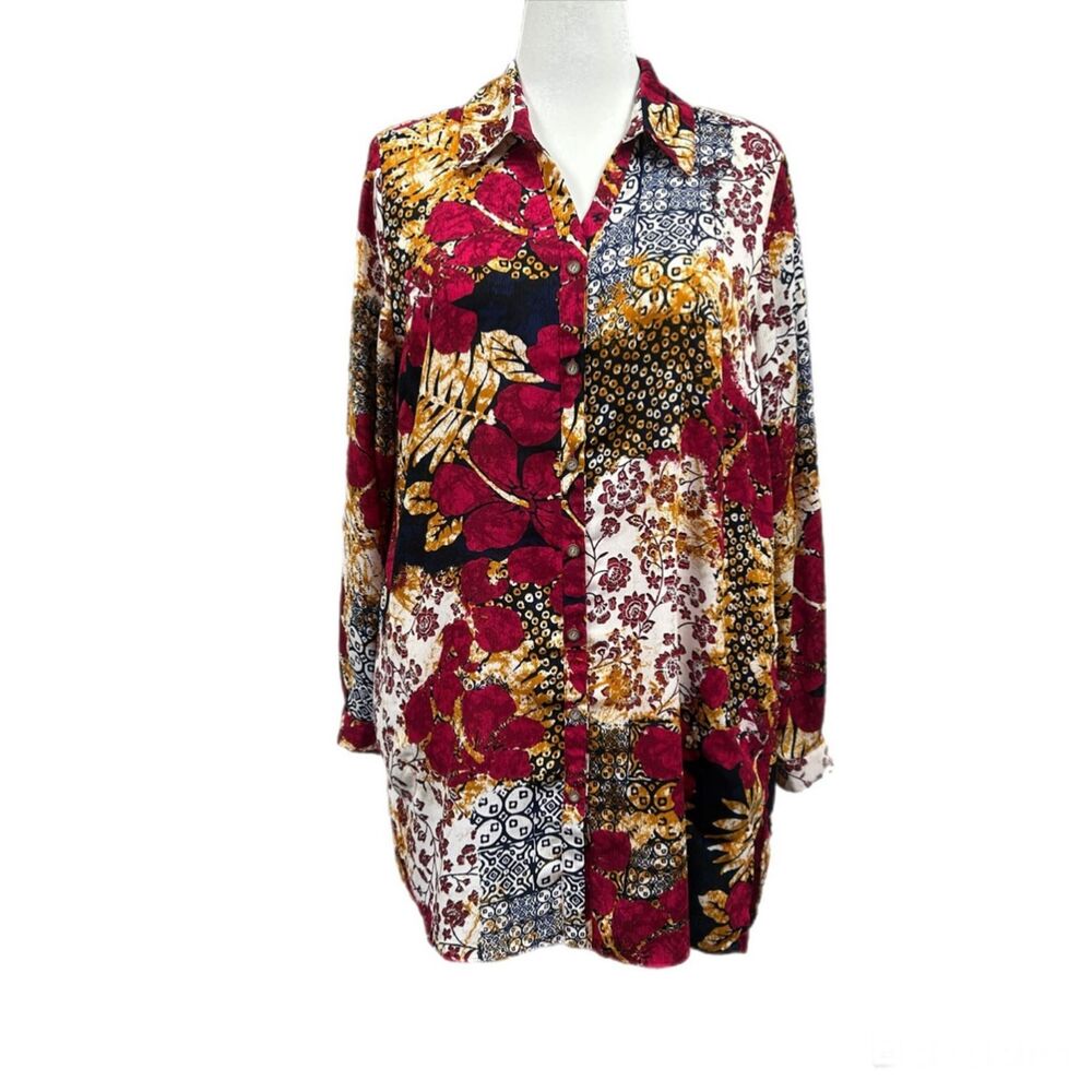Susan Graver Floral Button Up Long Sleeve Pocket Collared Tunic Blouse Sz XL